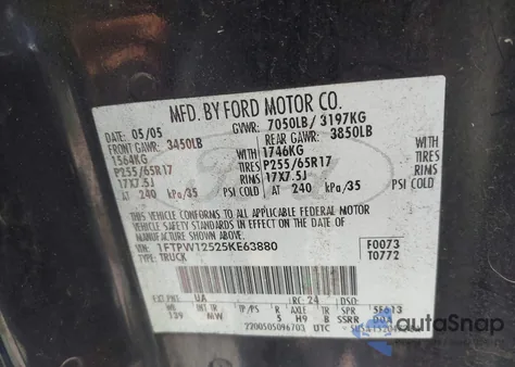 2005 Ford F-150 Lariat/Xlt from USA, damaged, VIN 1FTPW12525KE63H80